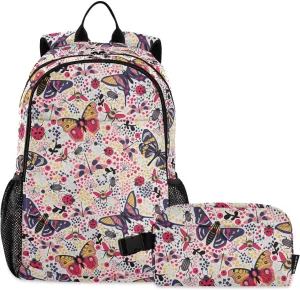 Aflyko Kid Backpack with Lunch Box Purples Coral Butterfly Ladybug Flower Back to School Bookbag for Boys Girls Primary Daycare Daypack Laptop Pack Hiking Camping Travel