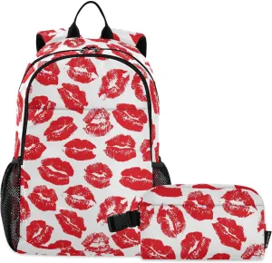 Aflyko Kid Backpack with Lunch Box Romance Red Lip Back to School Bookbag for Boys Girls Primary Daycare Daypack Laptop Pack Hiking Camping Travel