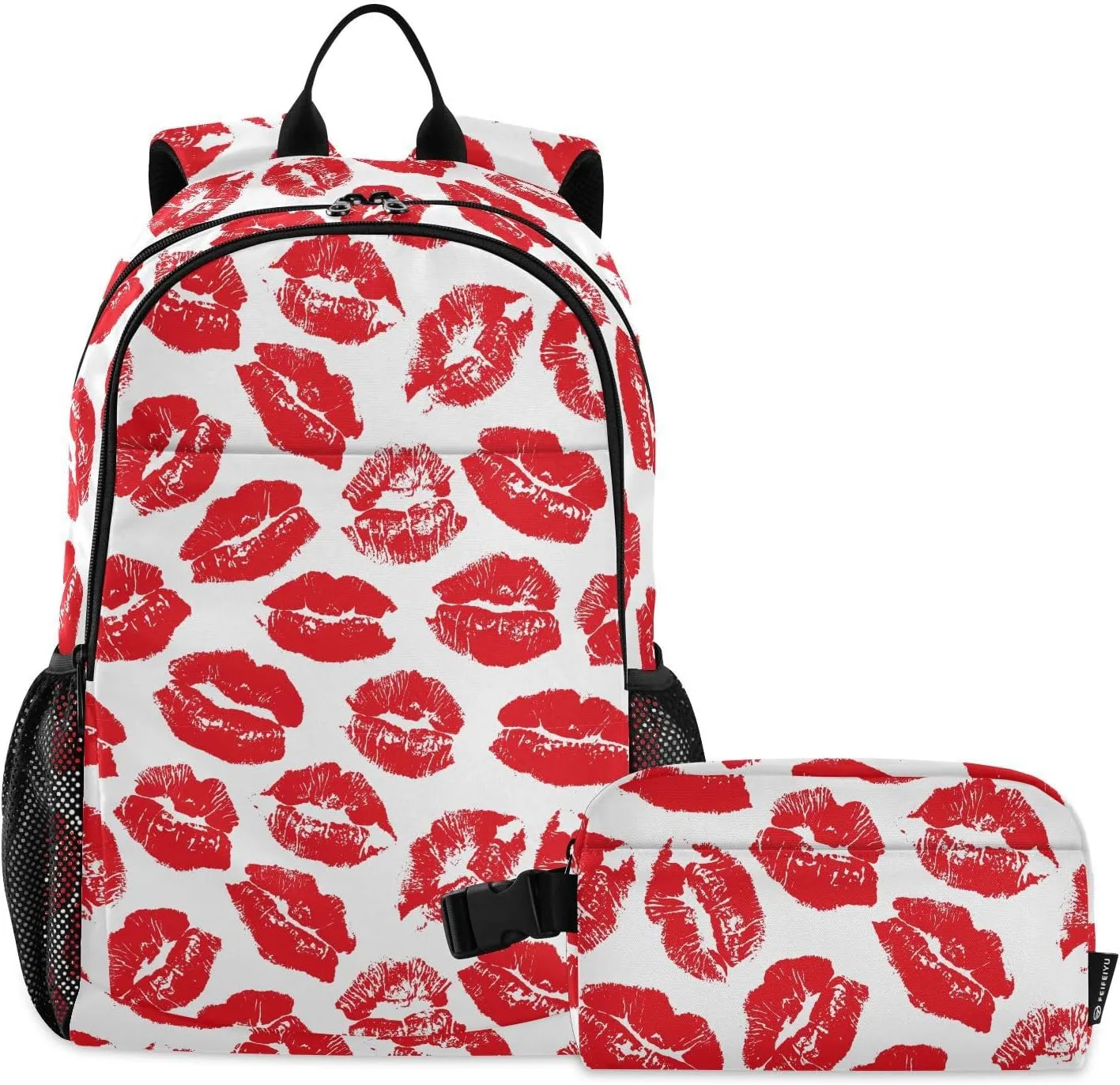 Aflyko Kid Backpack with Lunch Box Romance Red Lip Back to School Bookbag for Boys Girls Primary Daycare Daypack Laptop Pack Hiking Camping Travel