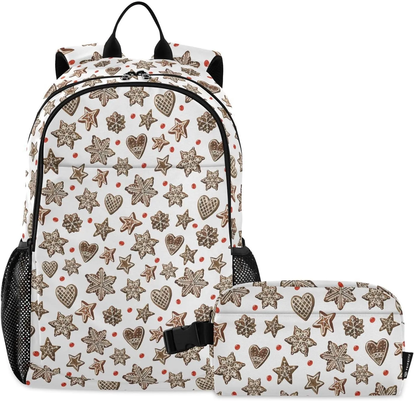 Aflyko Kid Backpack with Lunch Box Seasonal Gingerbread Cookies Back to School Bookbag for Boys Girls Primary Daycare Daypack Laptop Pack Hiking Camping Travel