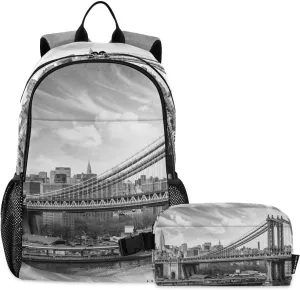 Aflyko Kid Backpack with Lunch Box Set for Boys Girls Manhattan Skyscrapers Brooklyn Bridge Back to School Bookbag Primary Daycare Daypack Laptop Pack Hiking Camping Travel