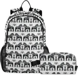 Aflyko Kid Backpack with Lunch Box Sweden Dala Horse Flower Black White Back to School Bookbag for Boys Girls Primary Daycare Daypack Laptop Pack Hiking Camping Travel
