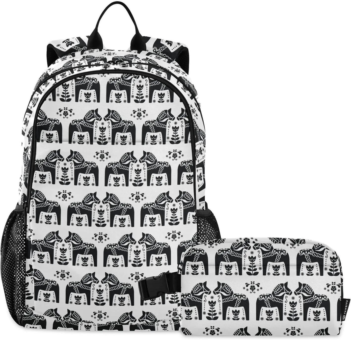 Aflyko Kid Backpack with Lunch Box Sweden Dala Horse Flower Black White Back to School Bookbag for Boys Girls Primary Daycare Daypack Laptop Pack Hiking Camping Travel
