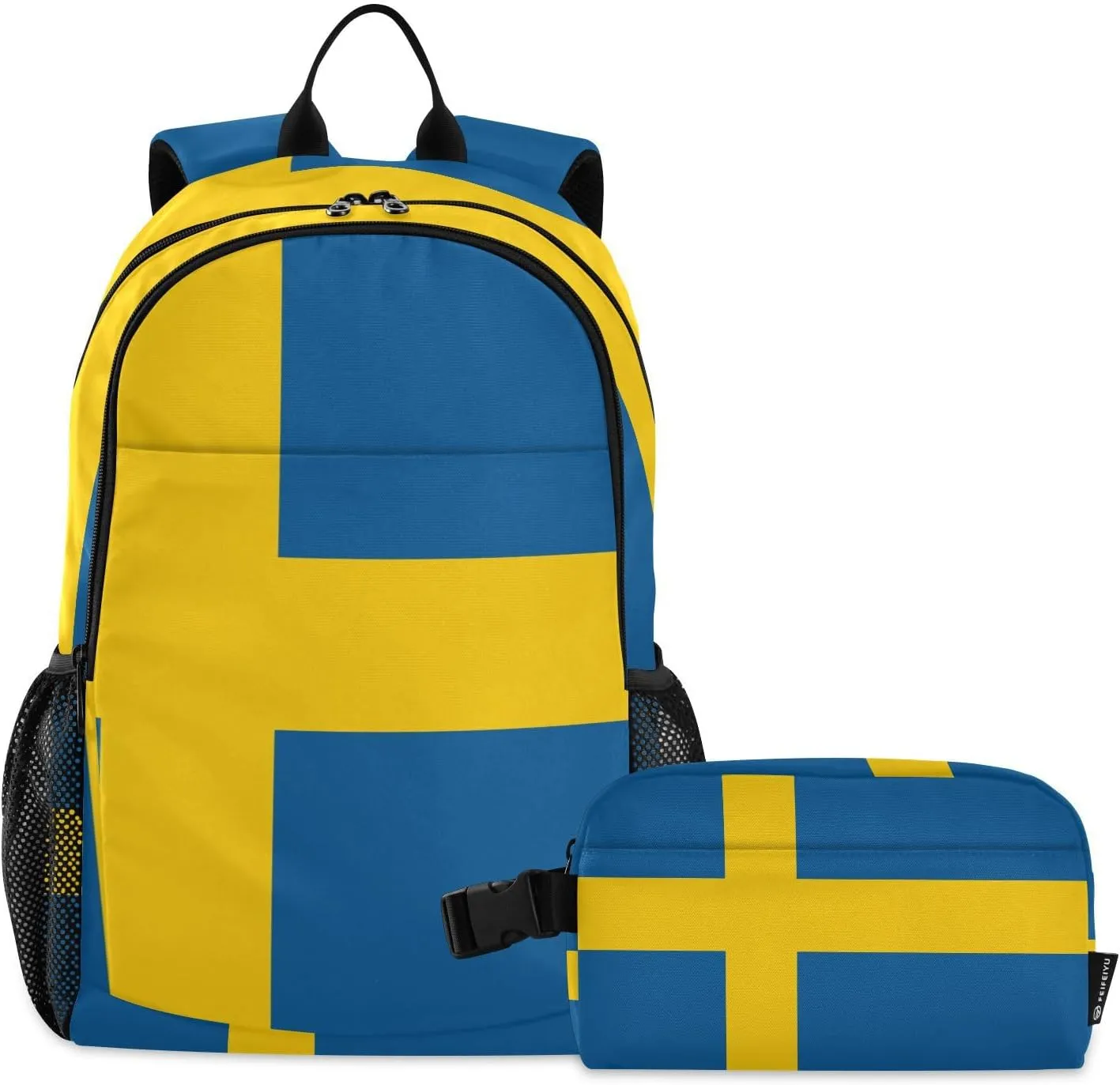 Aflyko Patriot Kid Backpack with Lunch Box Set for Boys Girls Sweden Flag Back to School Bookbag Primary Daycare Daypack Laptop Pack Hiking Camping Travel