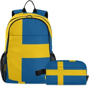 Aflyko Patriot Kid Backpack with Lunch Box Set for Boys Girls Sweden Flag Back to School Bookbag Primary Daycare Daypack Laptop Pack Hiking Camping Travel