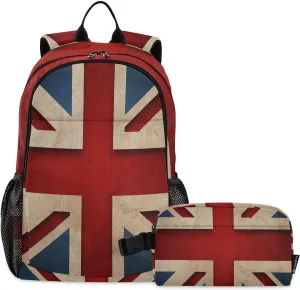 Aflyko Patriot Kid Backpack with Lunch Box Set for Boys Girls United Kingdom Flag Vintage Back to School Bookbag Primary Daycare Daypack Laptop Pack Hiking Camping Travel