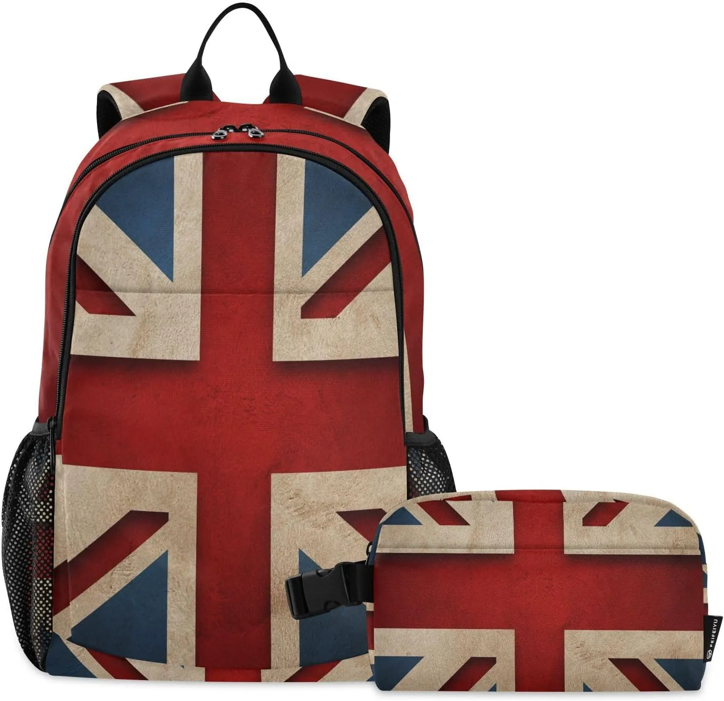 Aflyko Patriot Kid Backpack with Lunch Box Set for Boys Girls United Kingdom Flag Vintage Back to School Bookbag Primary Daycare Daypack Laptop Pack Hiking Camping Travel