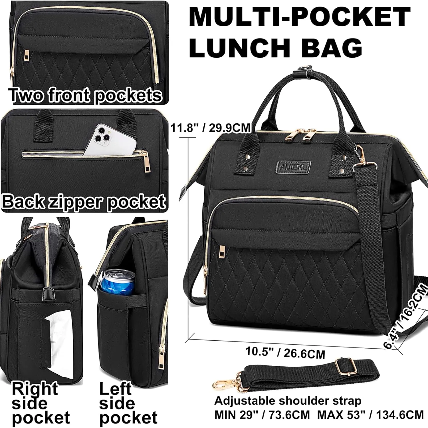 AIJIEKE Lunch Bag for Women, Large Lunch Box for Work Insulated Lunch Bag, Adult Leak Proof Lunch Tote Cooler Bag with Side Pockets & Adjustable Strap, Lunch Purse for Picnic Beach, Black