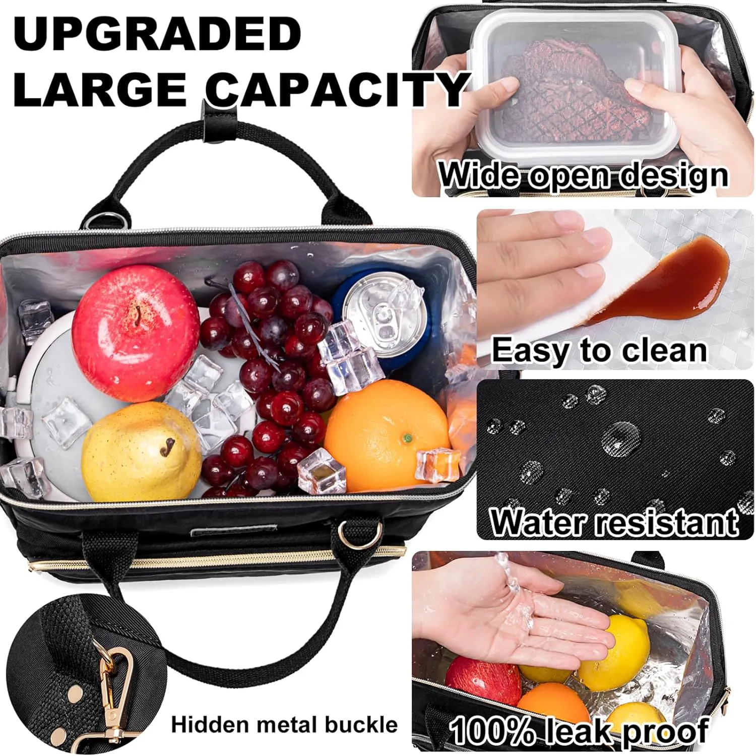 AIJIEKE Lunch Bag for Women, Large Lunch Box for Work Insulated Lunch Bag, Adult Leak Proof Lunch Tote Cooler Bag with Side Pockets & Adjustable Strap, Lunch Purse for Picnic Beach, Black