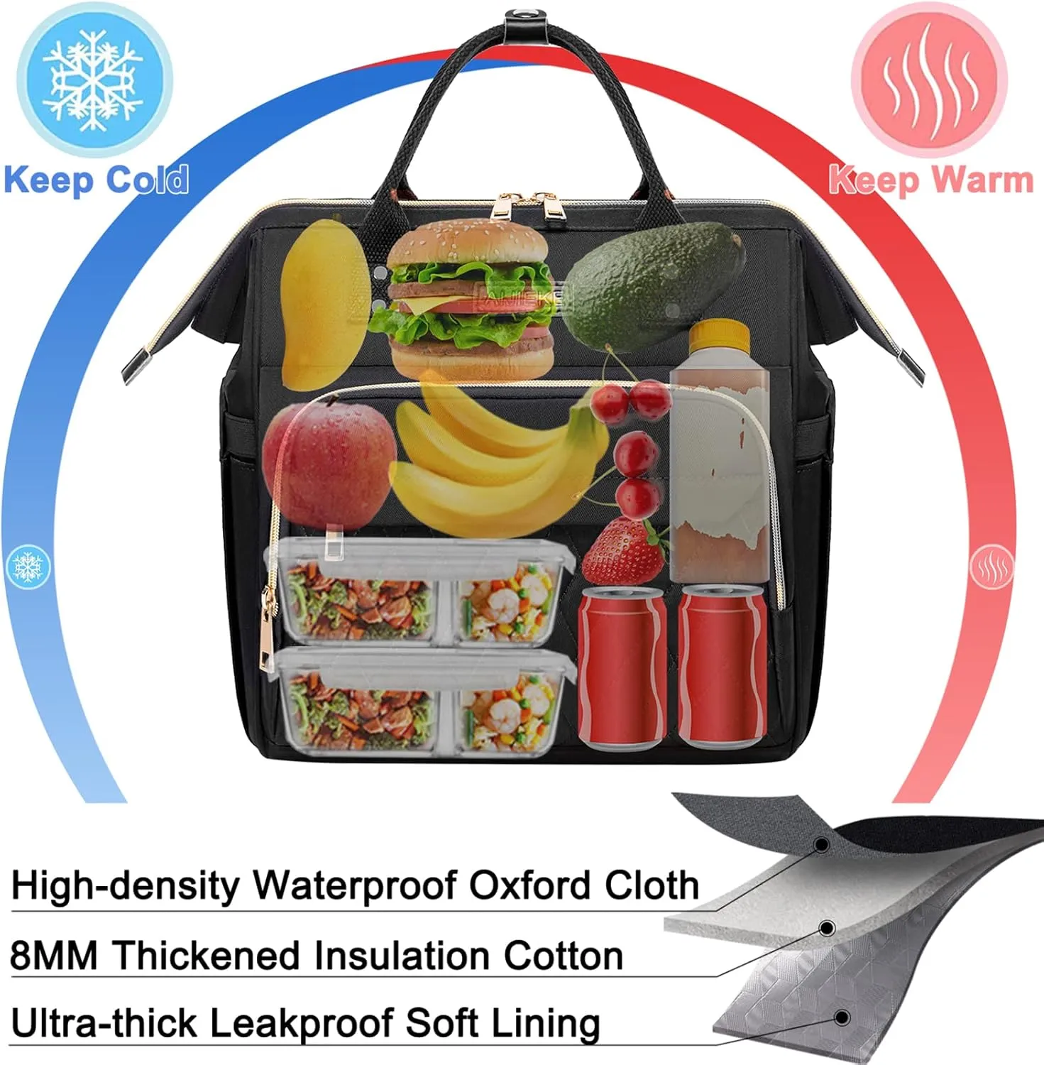 AIJIEKE Lunch Bag for Women, Large Lunch Box for Work Insulated Lunch Bag, Adult Leak Proof Lunch Tote Cooler Bag with Side Pockets & Adjustable Strap, Lunch Purse for Picnic Beach, Black
