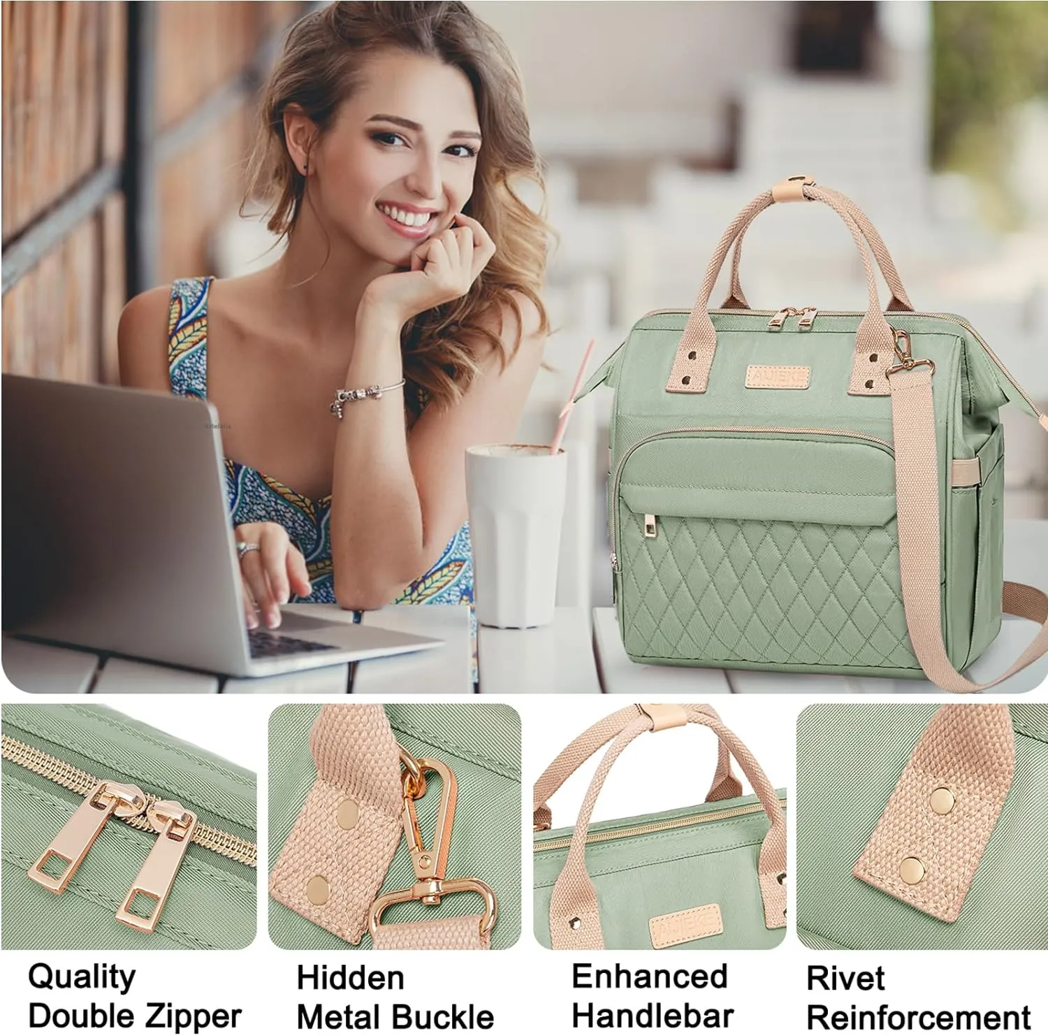 AIJIEKE Lunch Bag for Women, Large Lunch Box for Work Insulated Lunch Bag, Adult Leak Proof Lunch Tote Cooler Bag with Side Pockets & Adjustable Strap, Lunch Purse for Picnic Beach, Green