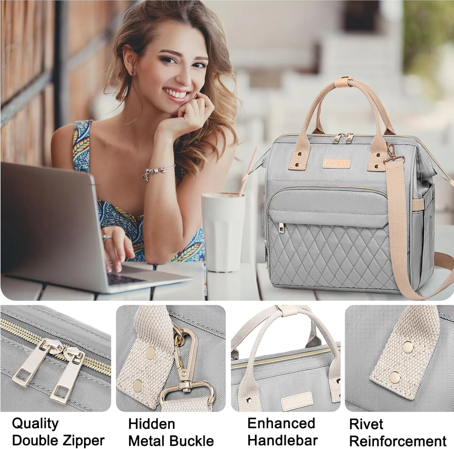 AIJIEKE Lunch Bag for Women, Large Lunch Box for Work Insulated Lunch Bag, Adult Leakproof Lunch Tote Cooler Bag with Side Pockets & Adjustable Strap, Lunch Purse for Picnic Beach Hiking, Grey