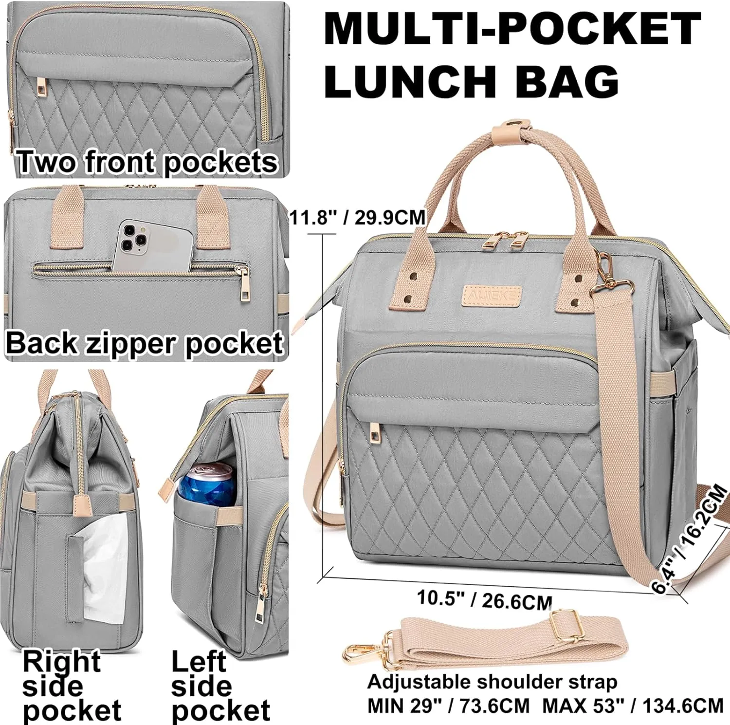 AIJIEKE Lunch Bag for Women, Large Lunch Box for Work Insulated Lunch Bag, Adult Leakproof Lunch Tote Cooler Bag with Side Pockets & Adjustable Strap, Lunch Purse for Picnic Beach Hiking, Grey