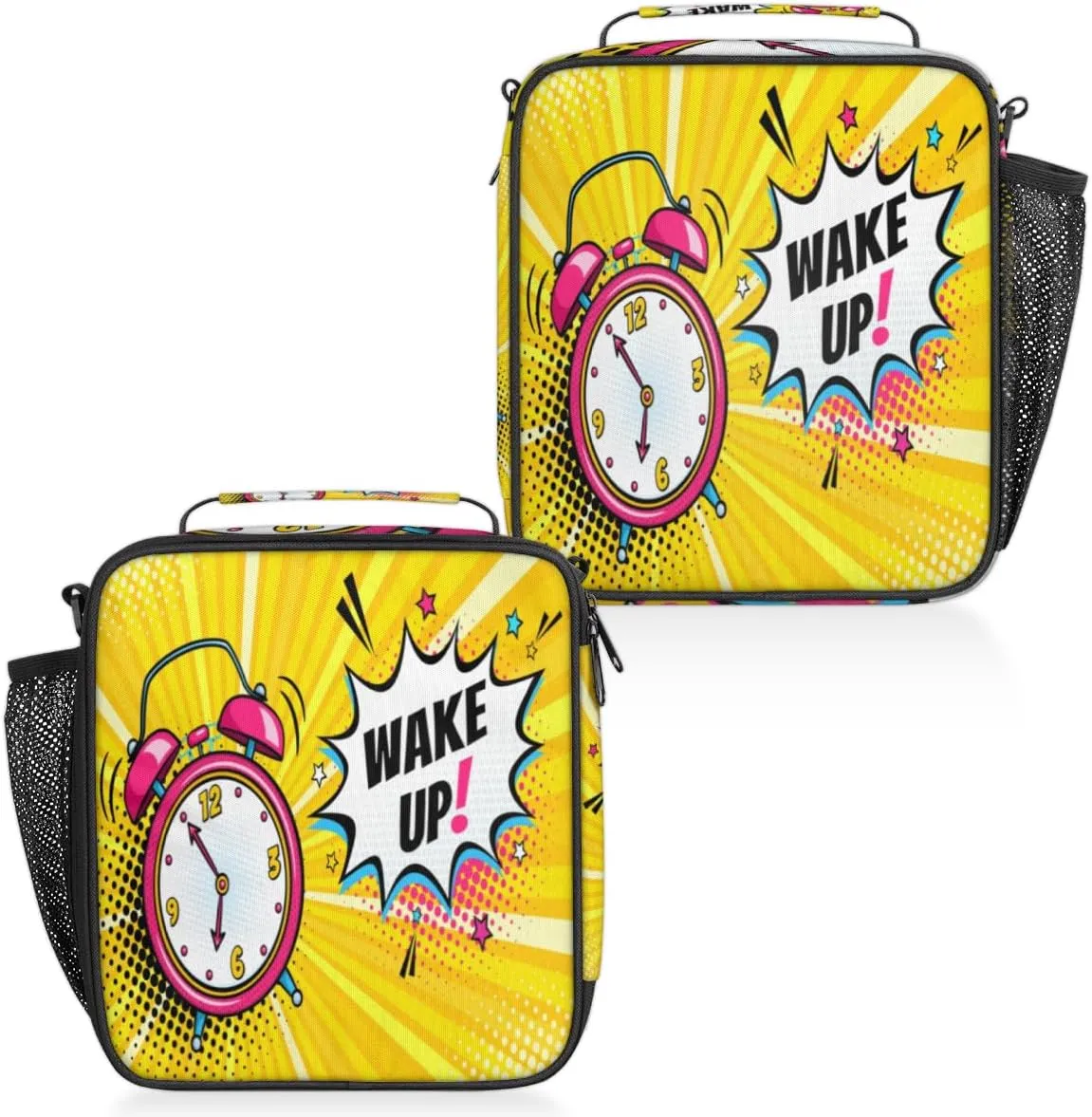 Alarm Clock Insulated Lunch Bag Reusable Waterproofing Lunch Box with Shoulder Strap Handle and Water Bottle Net Bag for Travel Camping Beach Picnic