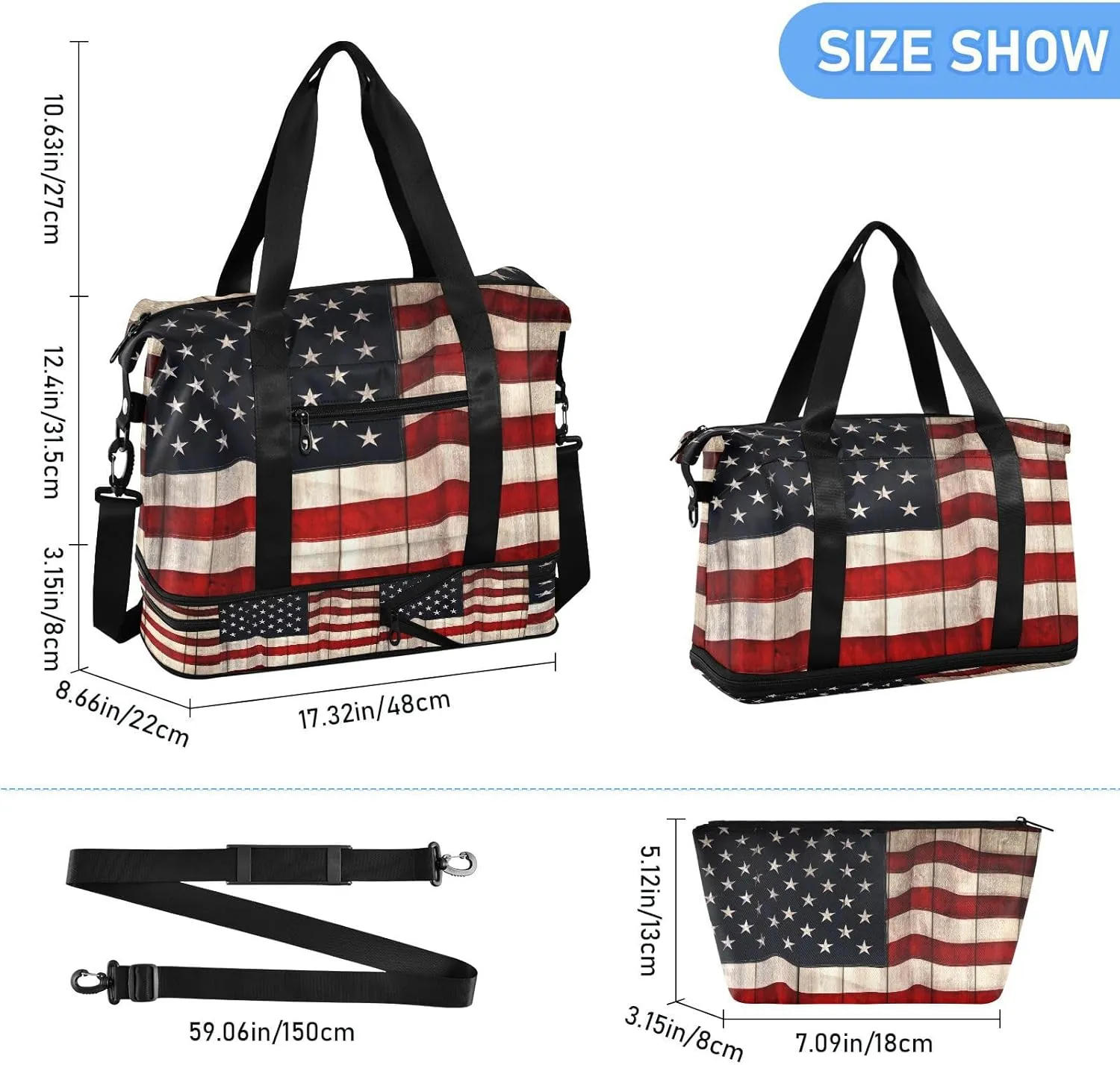 ALAZA American Flag Patriotic Travel Duffel Bag for Women Men Sports Gym Bag with Shoe Compartment Tote Weekender Overnight Bags with Wet Pocket for Travel, Gym,Yoga,Swimming