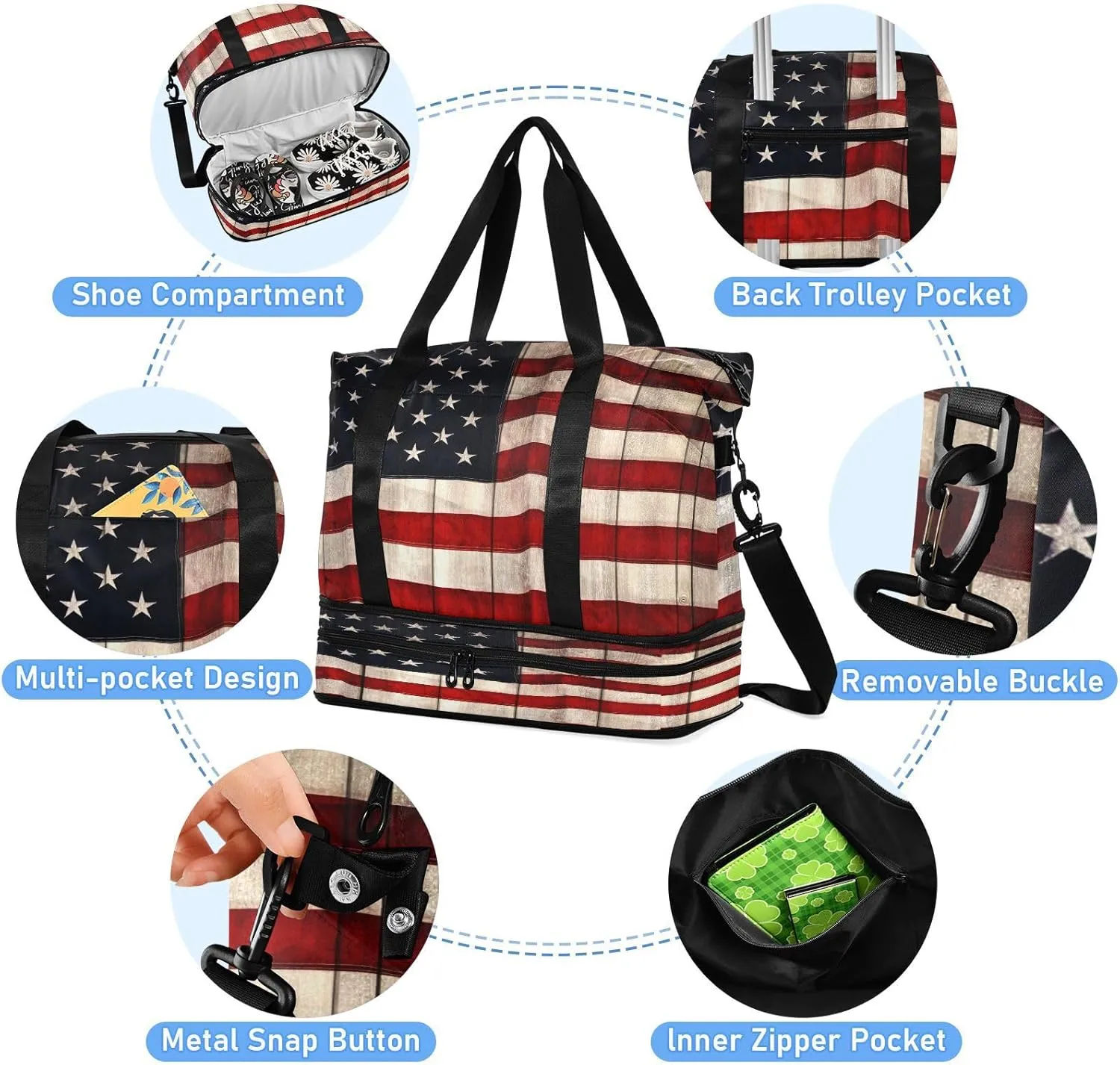 ALAZA American Flag Patriotic Travel Duffel Bag for Women Men Sports Gym Bag with Shoe Compartment Tote Weekender Overnight Bags with Wet Pocket for Travel, Gym,Yoga,Swimming