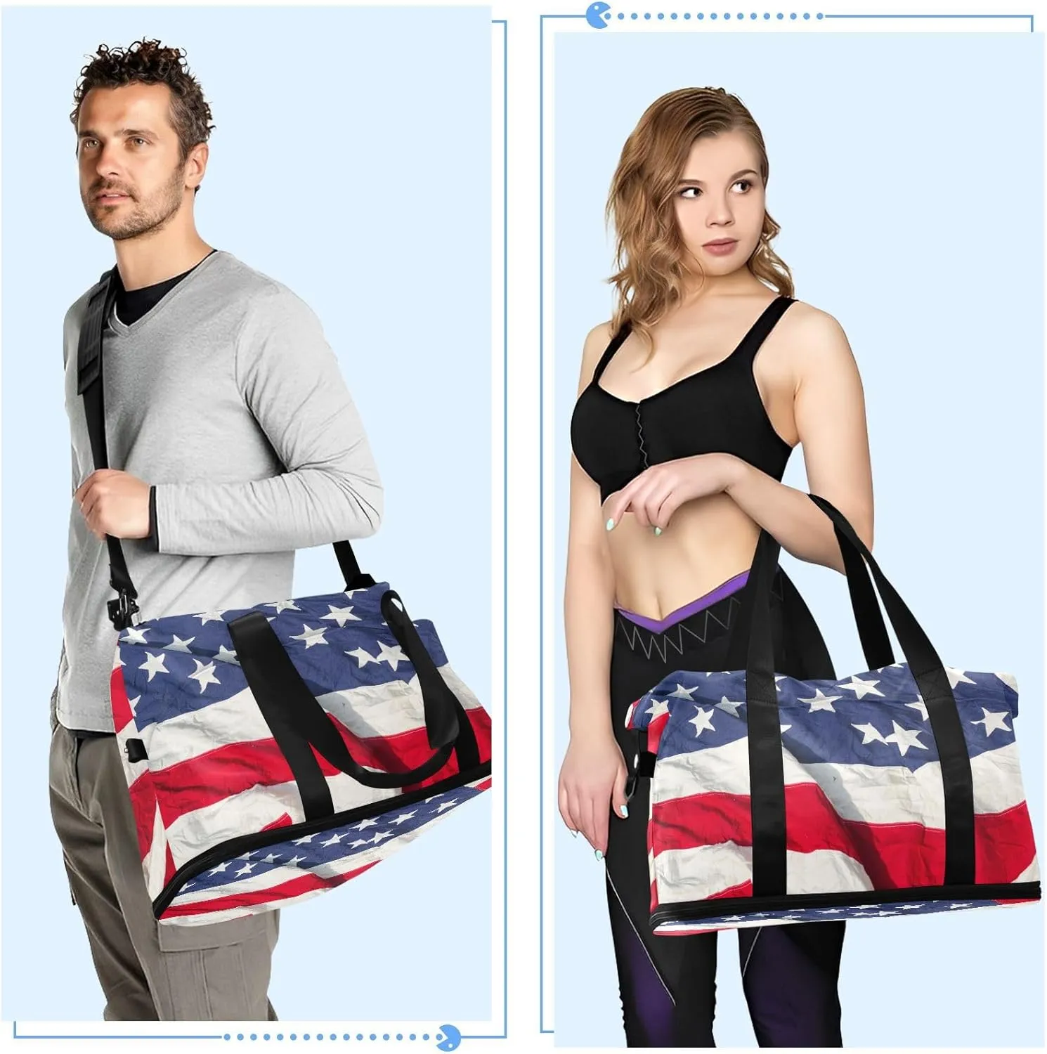 ALAZA American Flag Travel Duffel Bag for Women Men Sports Gym Bag with Shoe Compartment Tote Weekender Overnight Bags with Wet Pocket for Travel,Gym,Yoga,Swimming