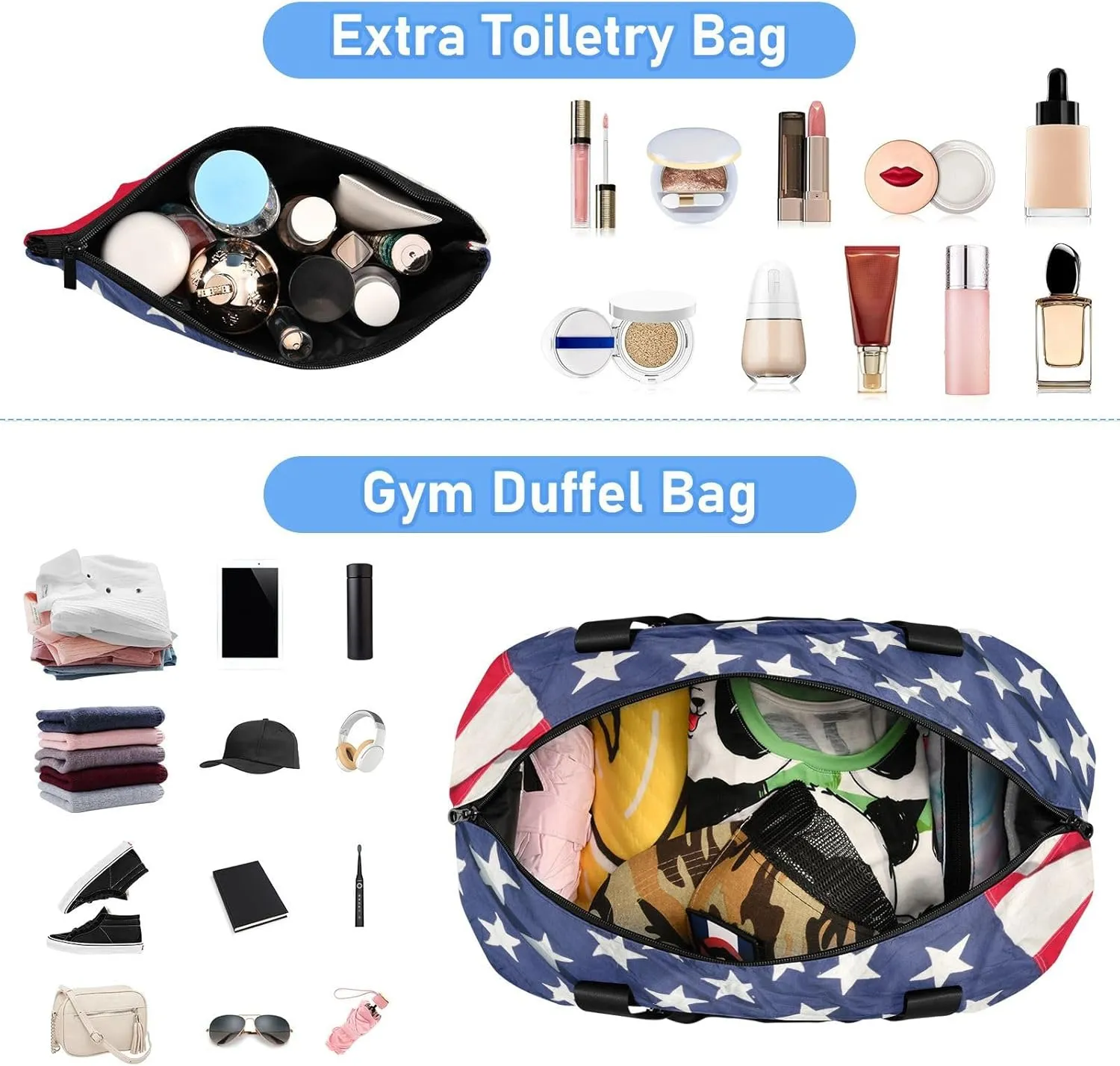 ALAZA American Flag Travel Duffel Bag for Women Men Sports Gym Bag with Shoe Compartment Tote Weekender Overnight Bags with Wet Pocket for Travel,Gym,Yoga,Swimming