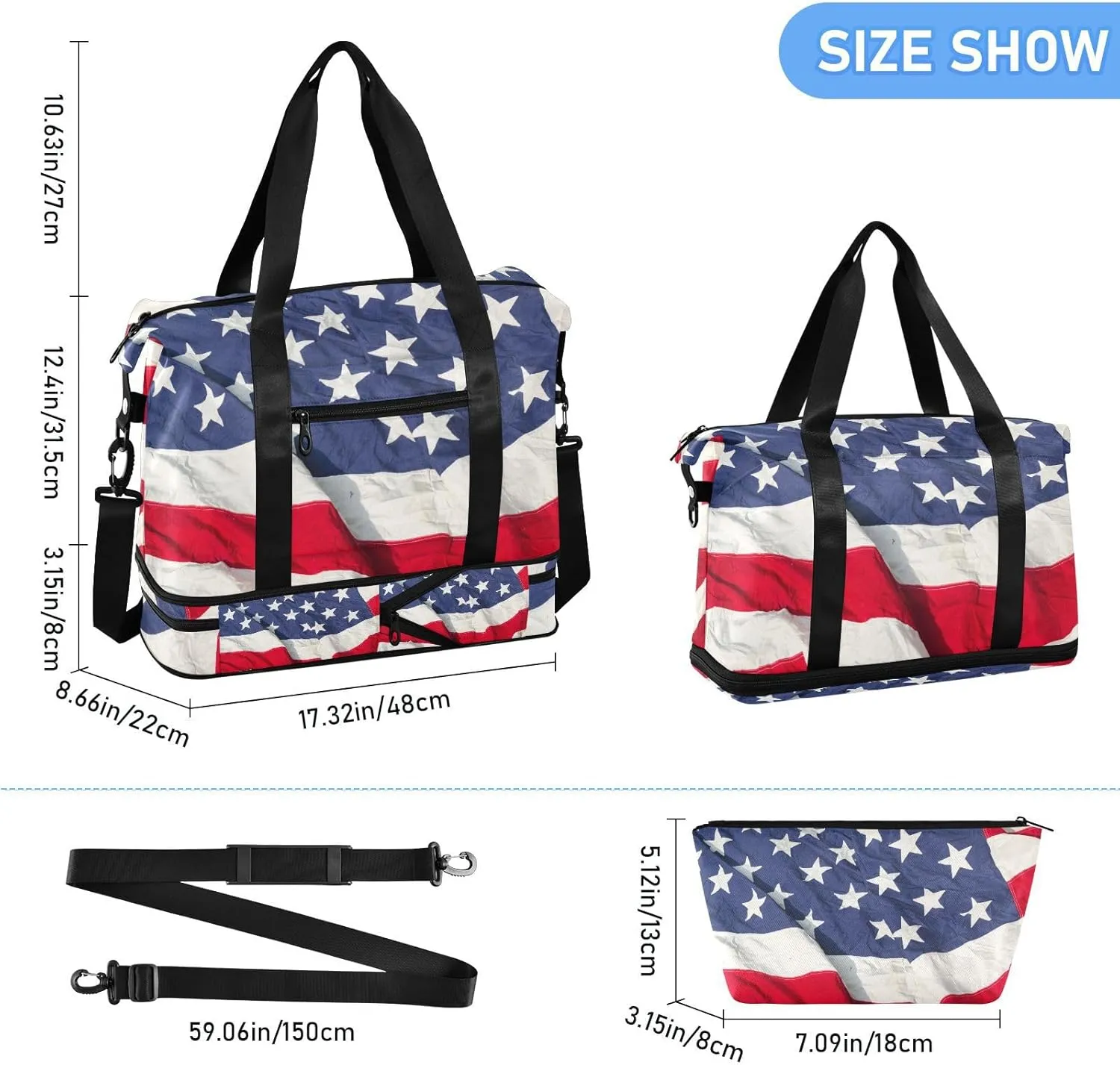 ALAZA American Flag Travel Duffel Bag for Women Men Sports Gym Bag with Shoe Compartment Tote Weekender Overnight Bags with Wet Pocket for Travel,Gym,Yoga,Swimming