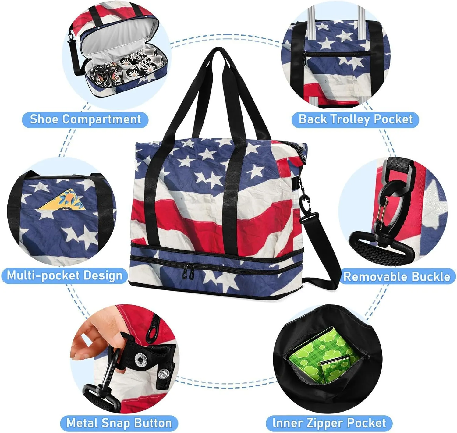 ALAZA American Flag Travel Duffel Bag for Women Men Sports Gym Bag with Shoe Compartment Tote Weekender Overnight Bags with Wet Pocket for Travel,Gym,Yoga,Swimming