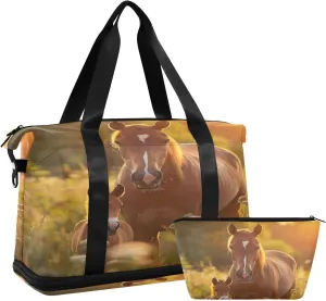 ALAZA Brown Horse Sunset Travel Duffel Bag for Women Men Sports Gym Bag with Shoe Compartment Tote Weekender Overnight Bag with Wet Pocket for Travel, Gym,Yoga,Swimming