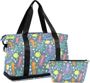 ALAZA Octopus Turtle Starfish Fish Shells Cartoon Travel Duffel Bag for Women Men Sports Gym Bag with Shoe Compartment Tote Weekender Overnight Bag with Wet Pocket for Travel, Gym,Yoga,Swimming