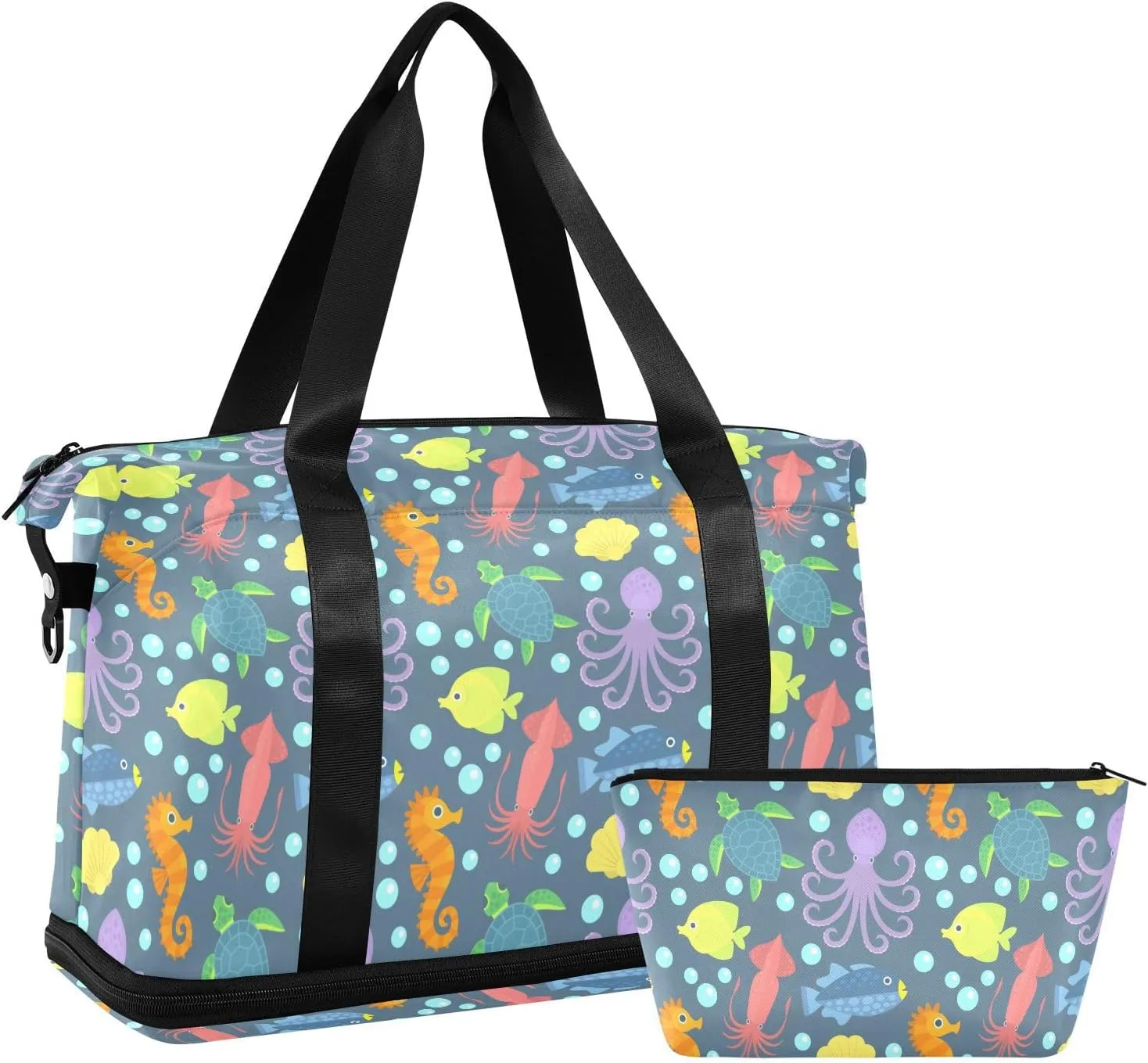 ALAZA Octopus Turtle Starfish Fish Shells Cartoon Travel Duffel Bag for Women Men Sports Gym Bag with Shoe Compartment Tote Weekender Overnight Bag with Wet Pocket for Travel, Gym,Yoga,Swimming