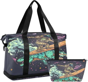 ALAZA Spaceman Astronaut Skateboard in Space Travel Duffel Bag for Women Men Sports Gym Bag with Shoe Compartment Tote Weekender Overnight Bag with Wet Pocket for Travel, Gym,Yoga,Swimming