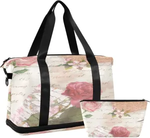 ALAZA Vintage Newspaper Rose Flowers Travel Duffel Bag for Women Men Sports Gym Bag with Shoe Compartment Tote Weekender Overnight Bag with Wet Pocket for Travel, Gym,Yoga,Swimming