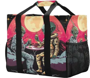 Aliens Dinner Space Earth Foldable Travel Duffel Bag for Men Women Waterproof Weekender Overnight Carry On Tote Bag with Comfortable Handle Personal Item Travel Bag for Hospital Business Trips Sport