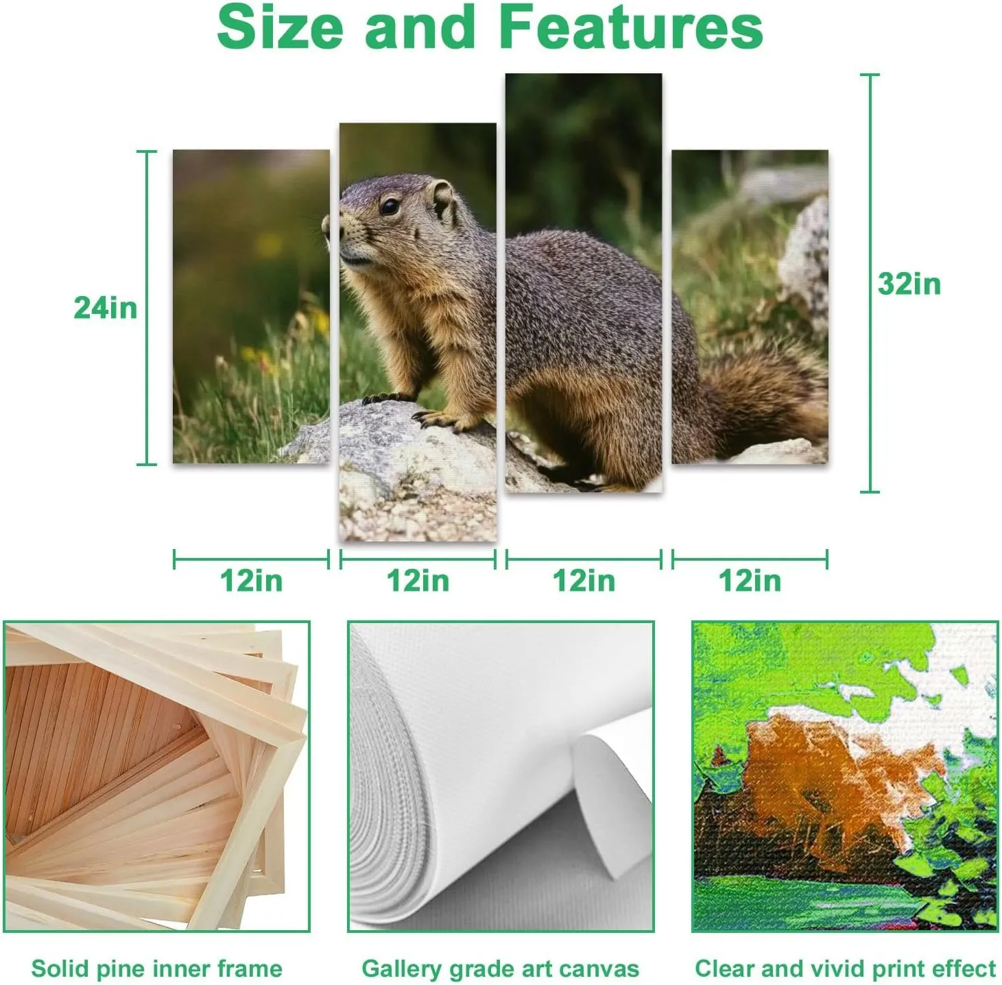 Alpine Marmot marmota marmota Adult standing Rocks Canvas Prints Wall Decor 4 Pieces Contemporary Framed Artworks for Living Room Bedroom Bathroom Office Home Decoration Gifts