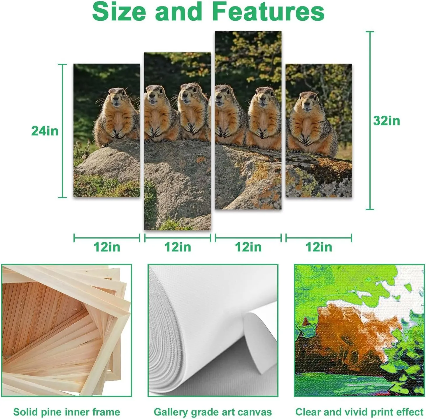 Alpine Marmot marmota marmota Adults standing Rocks Alps South East Canvas Prints Wall Decor 4 Pieces Contemporary Framed Artworks for Living Room Bedroom Bathroom Office Home Decoration Gifts