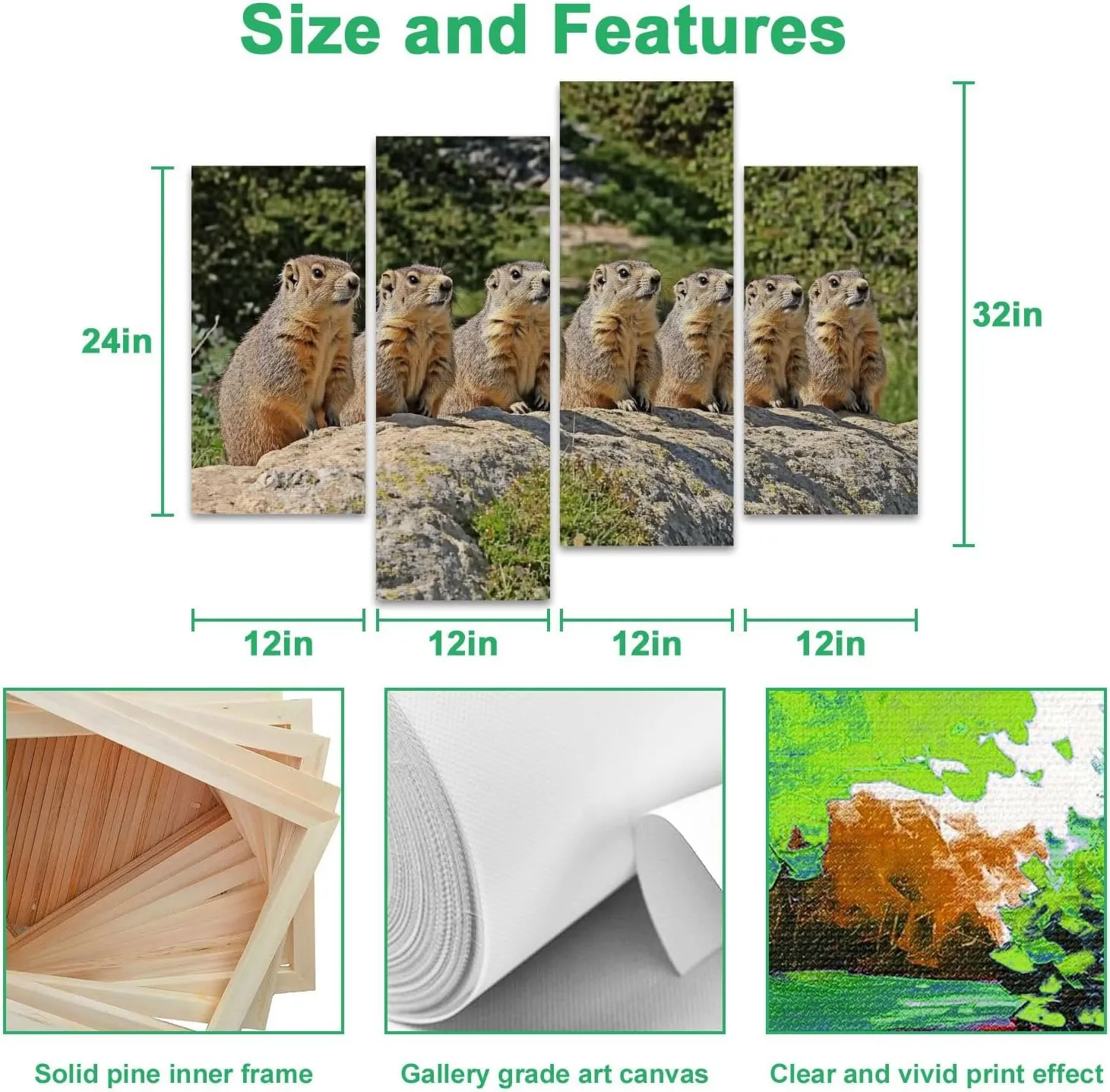 Alpine Marmot marmota marmota Adults standing Rocks Alps South East Canvas Prints Wall Decor 4 Pieces Contemporary Framed Artworks for Living Room Bedroom Bathroom Office Home Decoration Gifts