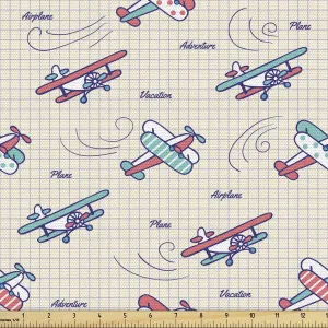 Ambesonne Vintage Airplane Fabric by The Yard, Colorful Aircrafts on Notebook Background Adventure Exploration Theme, Decorative Fabric for Upholstery and Home Accents, 10 Yards, Blue Purple