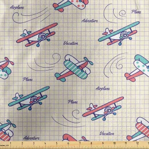 Ambesonne Vintage Airplane Fabric by The Yard, Colorful Aircrafts on Notebook Background Adventure Exploration Theme, Decorative Satin Fabric for Home Textiles and Crafts, Multicolor