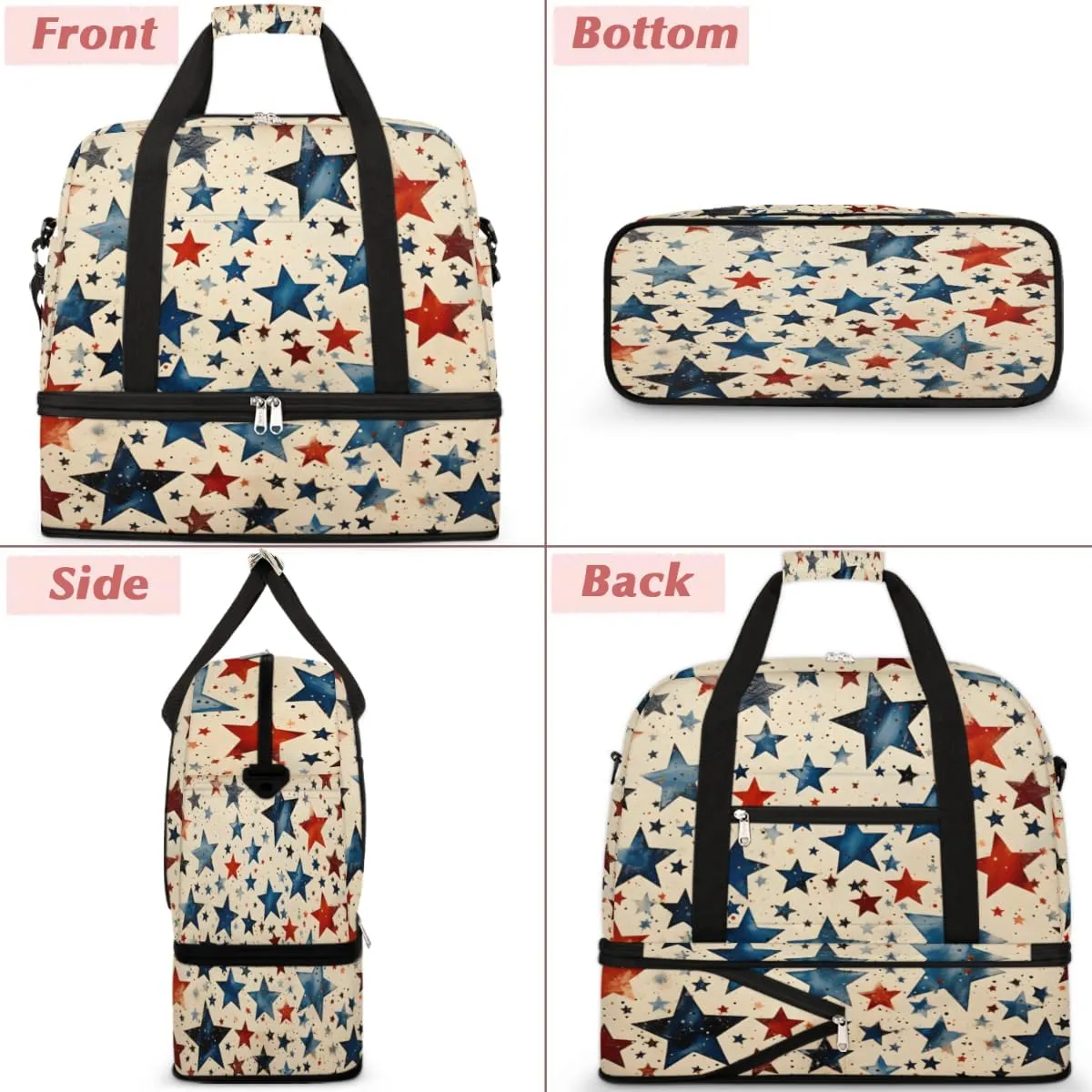 American Blue and Red Stars Foldable Duffle Bag with Shoes Compartment Large Capacity Waterproof Travel Weekender Bag Overnight Bag for Sports Gym