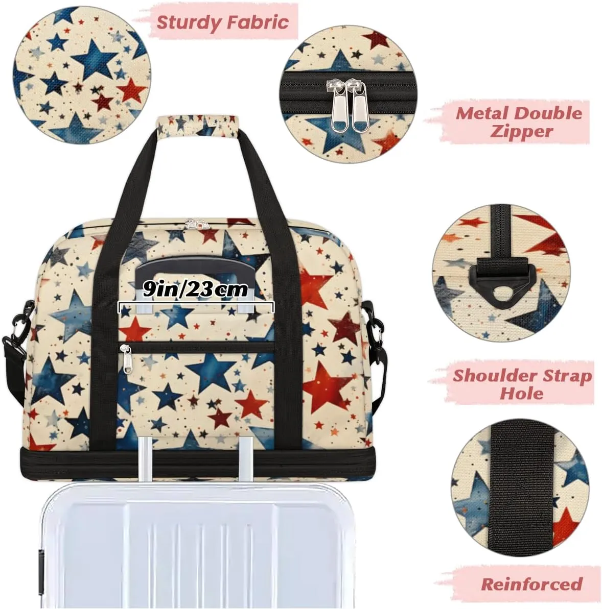 American Blue and Red Stars Foldable Duffle Bag with Shoes Compartment Large Capacity Waterproof Travel Weekender Bag Overnight Bag for Sports Gym