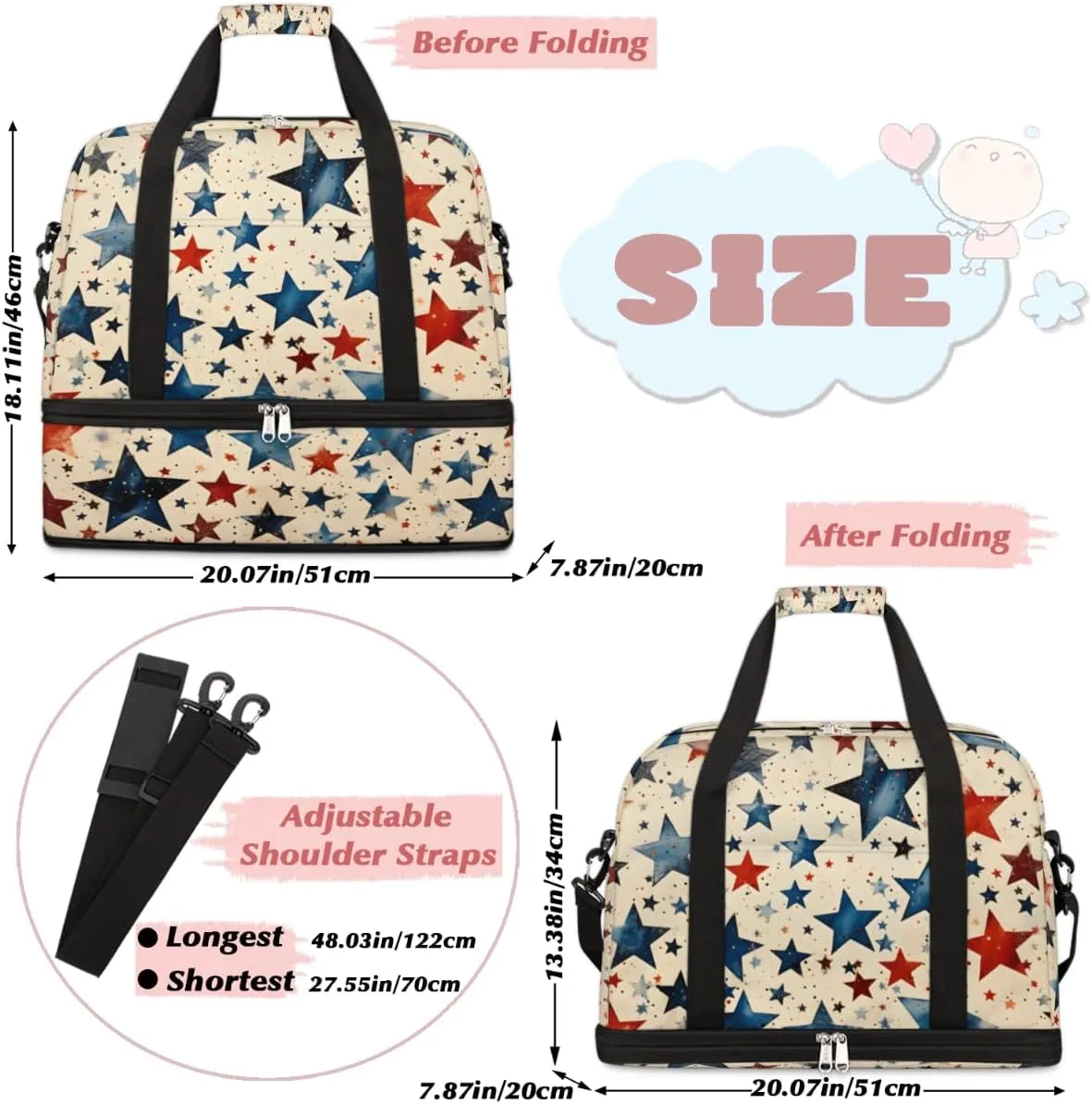 American Blue and Red Stars Foldable Duffle Bag with Shoes Compartment Large Capacity Waterproof Travel Weekender Bag Overnight Bag for Sports Gym