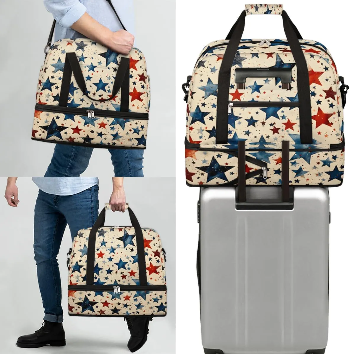 American Blue and Red Stars Foldable Duffle Bag with Shoes Compartment Large Capacity Waterproof Travel Weekender Bag Overnight Bag for Sports Gym