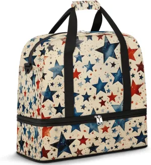 American Blue and Red Stars Foldable Duffle Bag with Shoes Compartment Large Capacity Waterproof Travel Weekender Bag Overnight Bag for Sports Gym