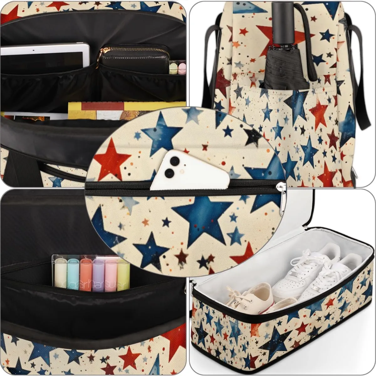 American Blue and Red Stars Foldable Duffle Bag with Shoes Compartment Large Capacity Waterproof Travel Weekender Bag Overnight Bag for Sports Gym