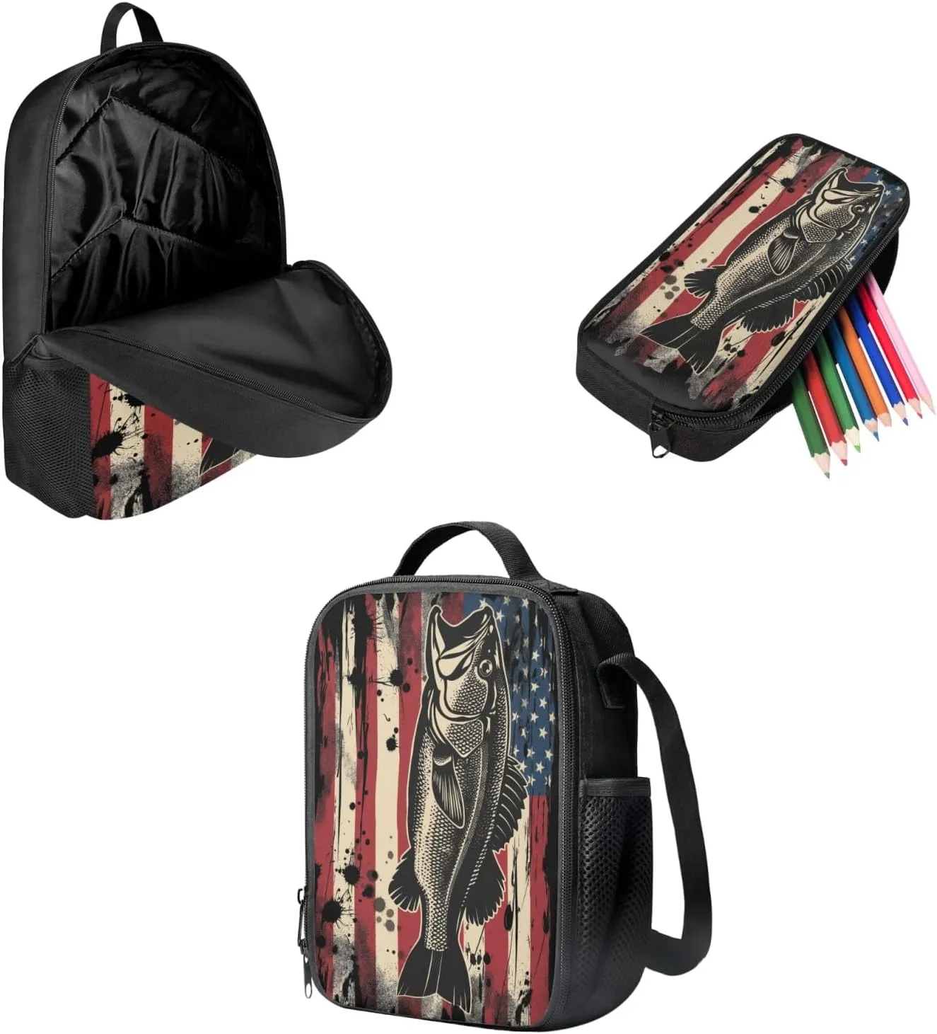 American Flag Fish Print 3 Packs Stylish Students School Bag Set for Kids, Large Capacity Backpack Laptop Daypack Zipper Pencil Case Lunch Bag