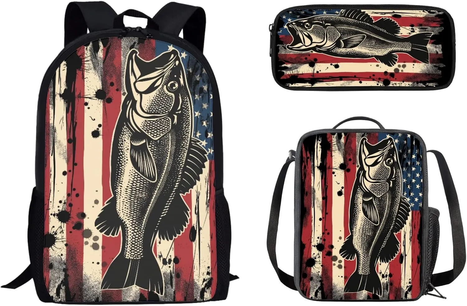 American Flag Fish Print 3 Packs Stylish Students School Bag Set for Kids, Large Capacity Backpack Laptop Daypack Zipper Pencil Case Lunch Bag