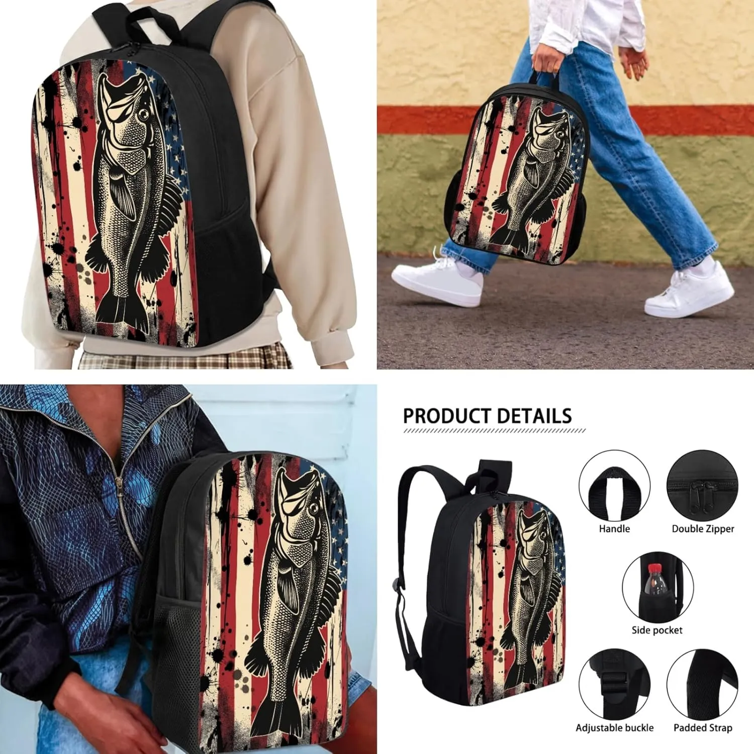 American Flag Fish Print 3 Packs Stylish Students School Bag Set for Kids, Large Capacity Backpack Laptop Daypack Zipper Pencil Case Lunch Bag