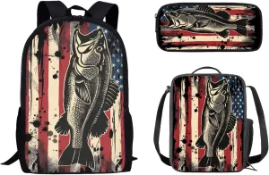 American Flag Fish Print 3 Packs Stylish Students School Bag Set for Kids, Large Capacity Backpack Laptop Daypack Zipper Pencil Case Lunch Bag