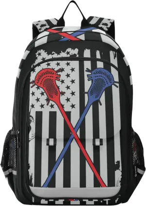 American Flag with Lacrosse Hockey Backpack School Bag Lightweight Laptop Notebook Tablet Backpack Students Travel Bookbag with Reflective Stripes
