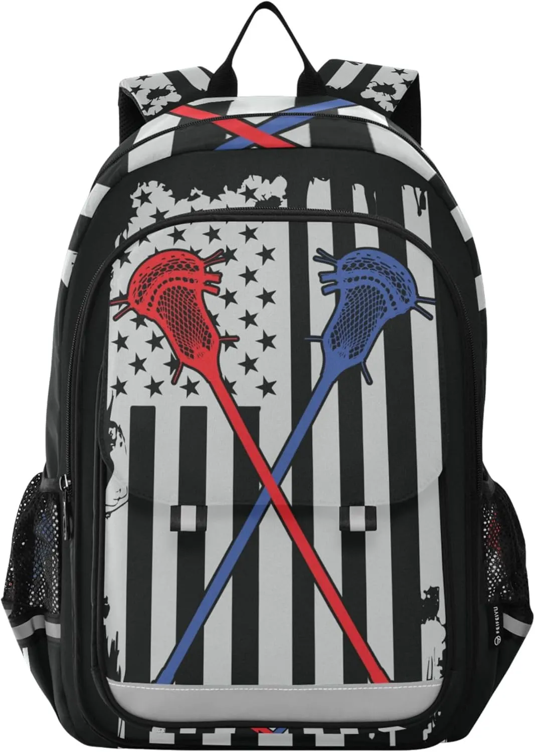 American Flag with Lacrosse Hockey Backpack School Bag Lightweight Laptop Notebook Tablet Backpack Students Travel Bookbag with Reflective Stripes