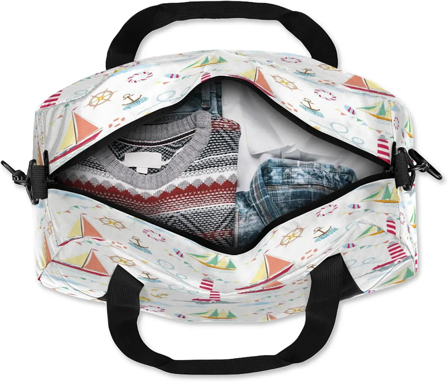 Anchor Lighthouse And Sailboat Kids Duffel Bag Lightweight Waterproof Sports Gym Bag with Front Zipper Pocket Foldable Weekender Overnight Bag for School Practice Gymnastic Ballet