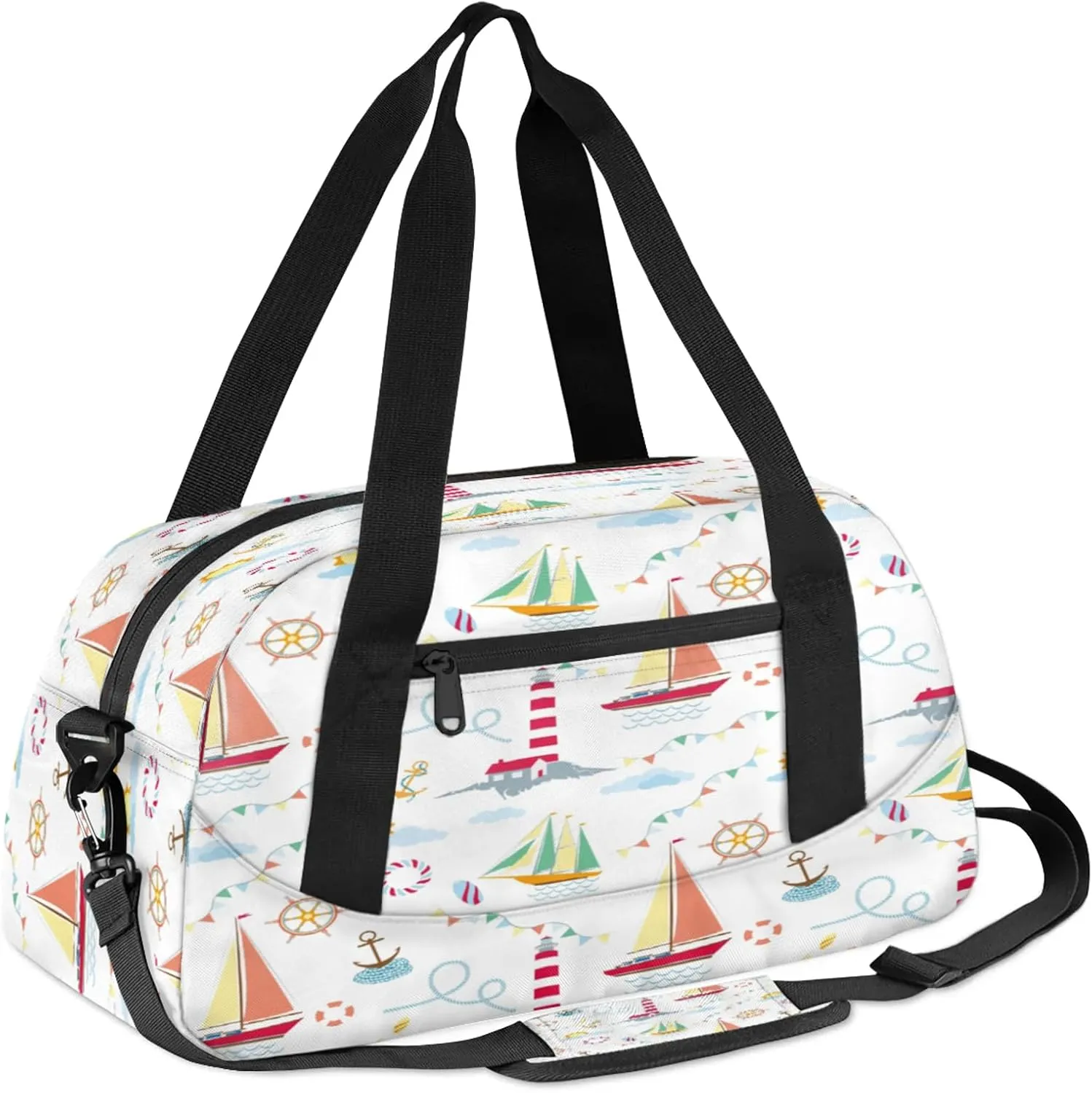 Anchor Lighthouse And Sailboat Kids Duffel Bag Lightweight Waterproof Sports Gym Bag with Front Zipper Pocket Foldable Weekender Overnight Bag for School Practice Gymnastic Ballet