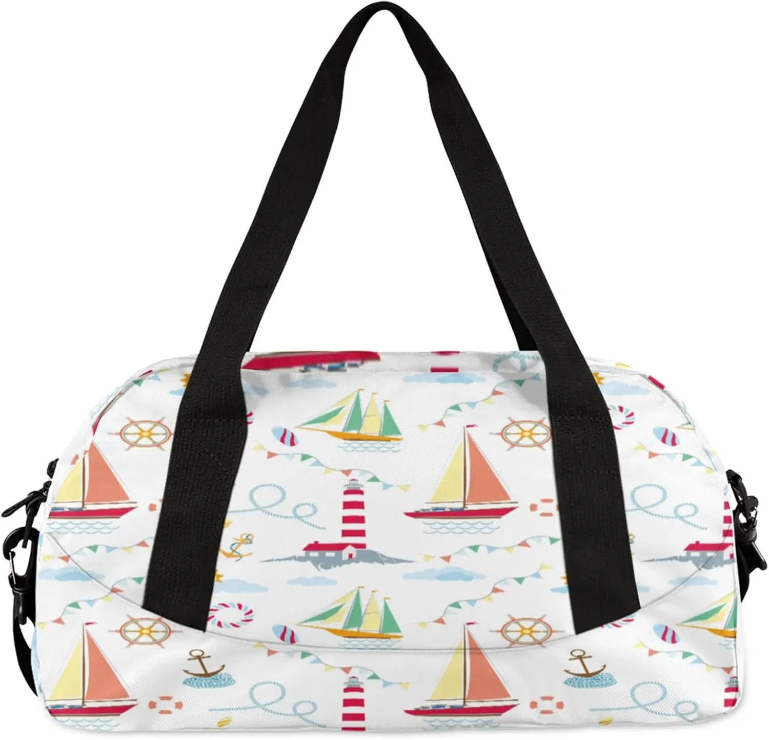 Anchor Lighthouse And Sailboat Kids Duffel Bag Lightweight Waterproof Sports Gym Bag with Front Zipper Pocket Foldable Weekender Overnight Bag for School Practice Gymnastic Ballet